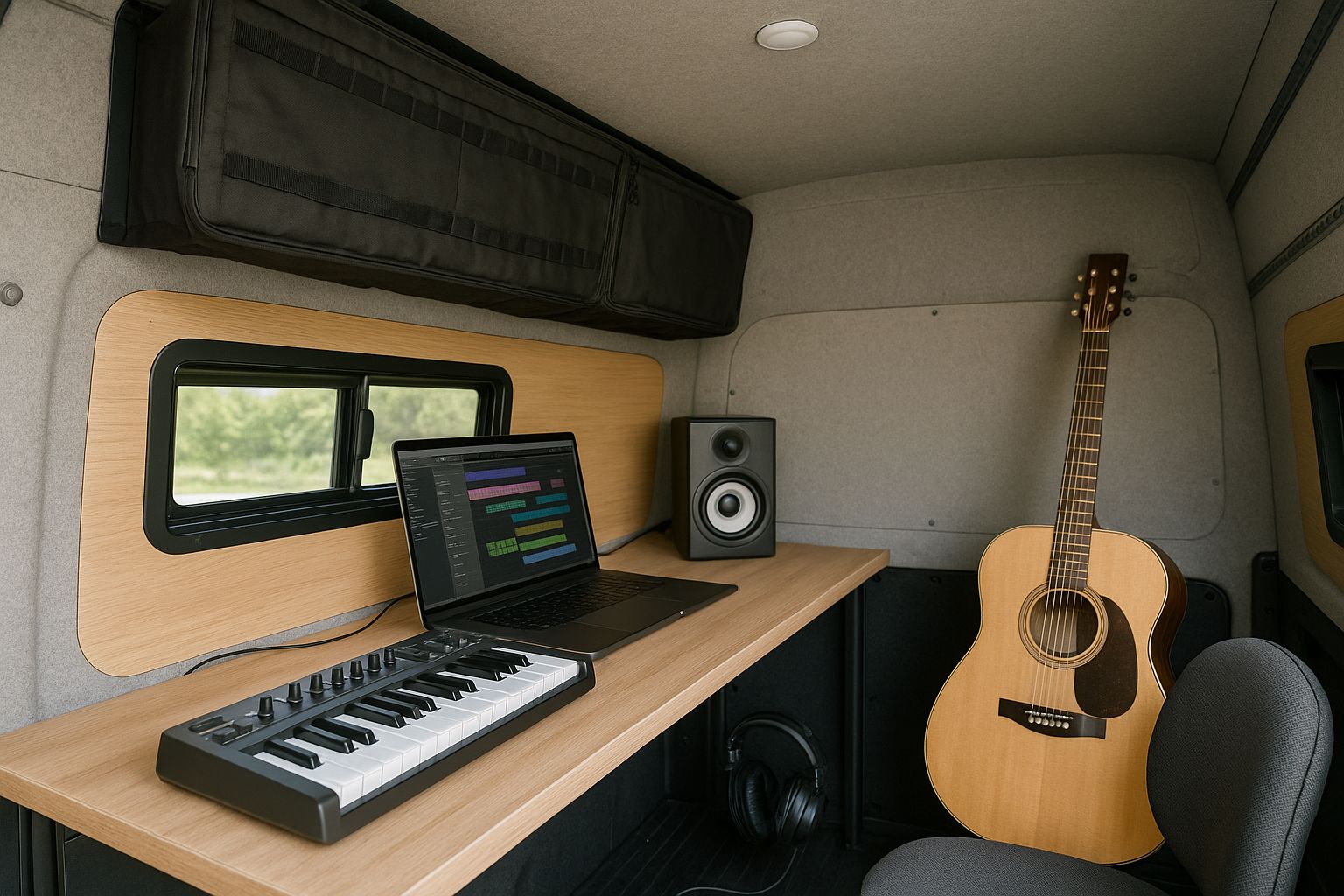 Intérieur de van aménagé pour musicien avec instruments et équipement de son